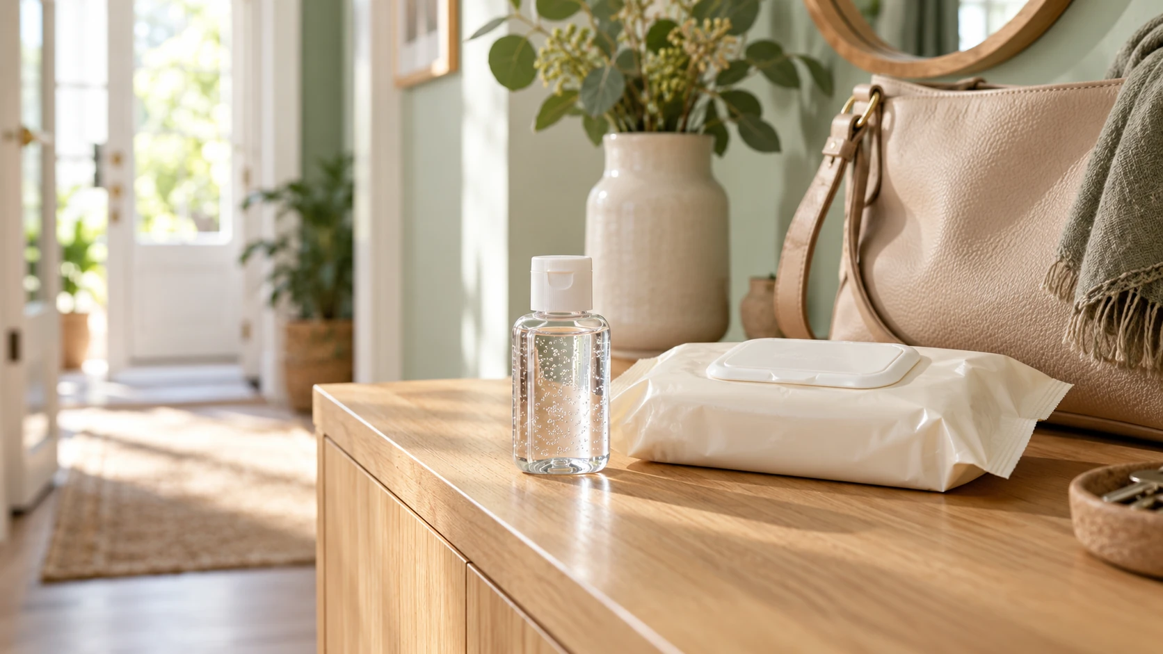 Kleine Flasche mit Handgel und eine Packung Hygienetücher neben einer Tasche auf einer Holzkommode.